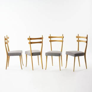 Vittorio Dassi (attr.), 4 chairs, c. 1954: Vittorio Dassi (attr.), 4 chairs, c. 1954, H. 97 x 47 x 49 cm. Made by Dassi, Lissone (attr.). Maple wood, textile cover, gray.,