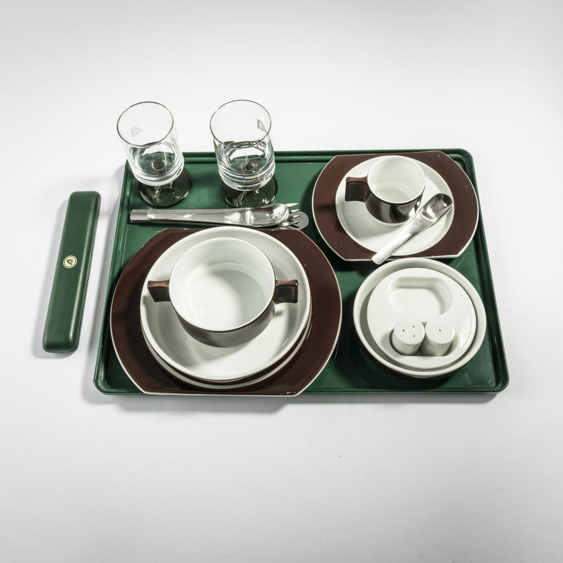 Joe Colombo; Ambrogio Pozzi, 'Linea 72' tableware set for airplane , 1970-72: Joe Colombo; Ambrogio Pozzi, 'Linea 72' tableware set for airplane , 1970-72, 16 pieces: tray: 27.5 x 37.5 cm, dinner plate: 22 x 17 cm, 2 bowls: Ø 12 - 15.5 cm, soup bowl: H. 5 cm, Ø 9.