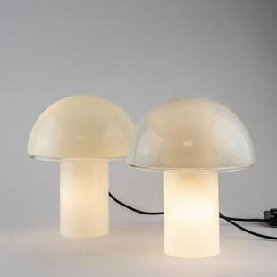 Luciano Vistosi, 2 'Onfale medio' table lights, 1978: Luciano Vistosi, 2 'Onfale medio' table lights, 1978, H. 35 cm, &Oslash; 28 cm. Made by Artemide, Milan. Glass, opal white and colorless. Marked: Manufacturer's sticker, sticker vetro murano., Fiell (