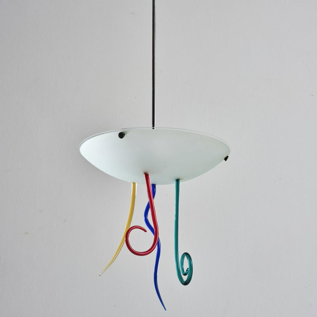 Andrea Anastasio, 'Efesto sospensione' ceiling light, 1992: Andrea Anastasio, 'Efesto sospensione' ceiling light, 1992, H. 123 (with suspension), Ø 51 cm. Made by VeArt, Milan. Glass, matt white, blue, red, yellow and green, tubular metal and sheet meta