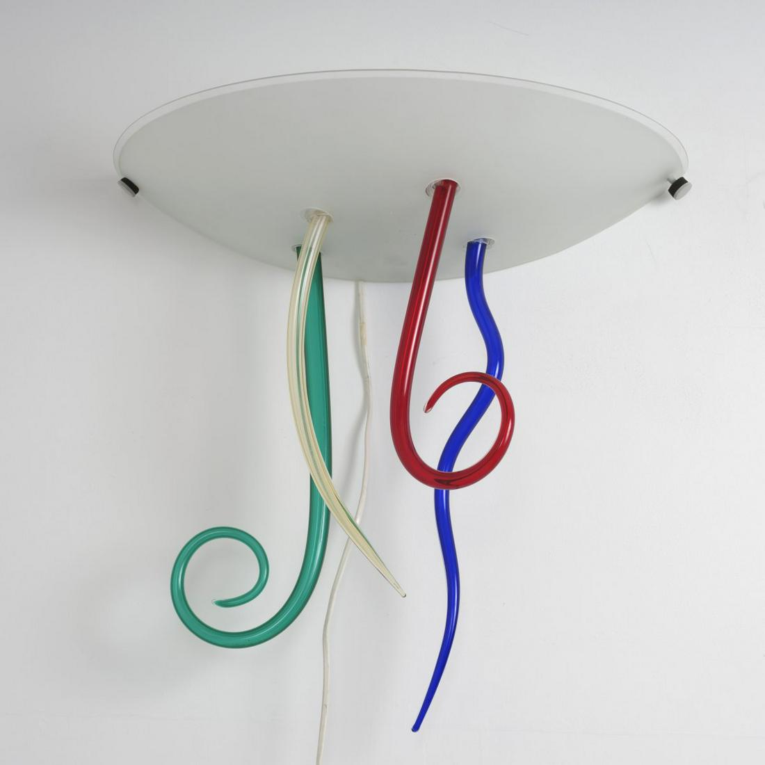 Andrea Anastasio, 'Efesto parete' sconce, 1992: Andrea Anastasio, 'Efesto parete' sconce, 1992, H. 52 x 51 x 27 cm. Made by VeArt, Milan. Glass, matt white, blue, red, yellow and green, aluminum, anodized., VeArt Novità 1992, n.p.