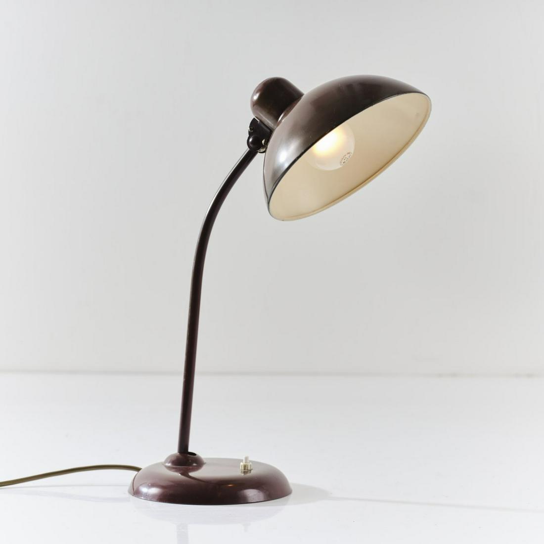 Christian Dell, '6556' table light, 1934: Christian Dell, '6556' table light, 1934, H. 44 cm, Ø 21.3 cm. Made by Kaiser & Co., Neheim-Hüsten. Sheet metal, tubular metal, painted dark red. Marked: ORIGINAL KAISER idell.,
