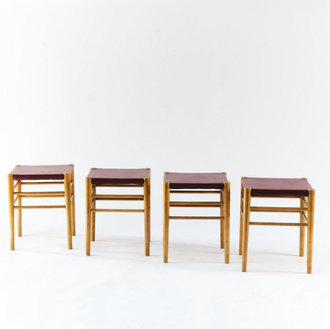 Karl Andersson & Söner, Huskvarna, 4 stacking stools, c. 1955: Karl Andersson & Söner, Huskvarna, 4 stacking stools, c. 1955, H. 46 x 37 x 37 cm. Beech wood, red vinyl.,