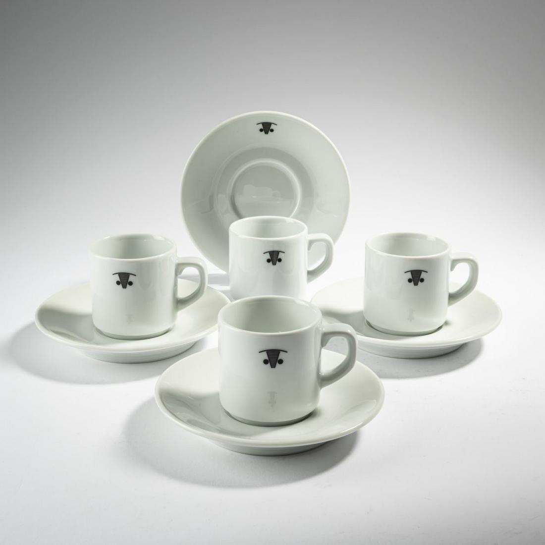 L. Bernardaud & Cie., Limoges, 4 cups and saucers 'Costes', c. 1982: L. Bernardaud & Cie., Limoges, 4 cups and saucers 'Costes', c. 1982, H. 6 cm. Porcelain, white, glazed, black overglaze. Marked: Manufacturer's mark, 50 or 40 (blue, on glaze).,