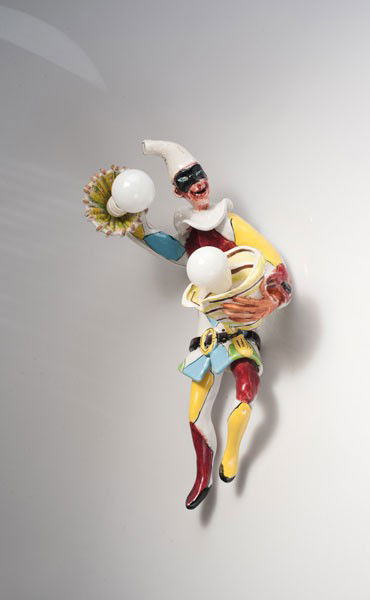 Ceramica Miracoli, Venice. 'Pulcinella' sconce, designe: Ceramica Miracoli, Venice. 'Pulcinella' sconce, designed circa 1955. H. 40 cm. Earthenware, polychromatic glazing with gold. Marked: miracoli venezia.