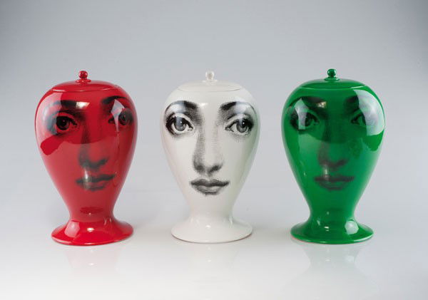 Fornasetti, Piero: Piero Fornasetti. Three 'Buonanotte' vase, designed in the 1960s. H. 29 cm. Made by Bitossi, Montelupo for Fornasetti, Milan, in 2007. Earthenware, glazed white,green resp. red with printed woman's fa