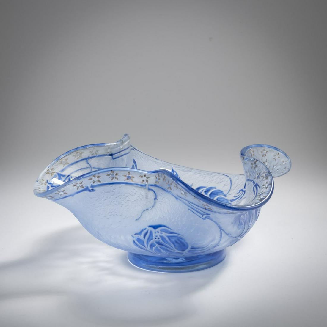 Daum Frères, Nancy, Bowl 'Pivoines et Étoiles', c. 1893: Daum Frères, Nancy, Bowl 'Pivoines et Étoiles', c. 1893, H. 9.7 cm, 20 x 18 cm. Cased glass, colorless and blue. Decor with peonies and stars etched in several steps on a rough backgroun