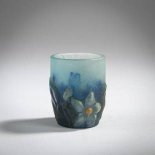 Henri Bergé, Miniature vase with flowers, 1921: Henri Bergé, Miniature vase with flowers, 1921, H. 4.7 cm. Execution: Amalric Walter, Nancy. Pâte de verre, translucent, mold-melted, predominantly colorless and bluish. Decorated in