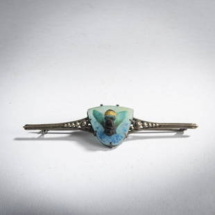 Henri Bergé, Brooch / skirt pin 'Abeille', 1921: Henri Bergé, Brooch / skirt pin 'Abeille', 1921, 2.3 x 2.7 cm; L. 9.8 cm. Made by Amalric Walter, Nancy. Pâte de verre, translucent glass gather, melted, predominantly colorless and bluis