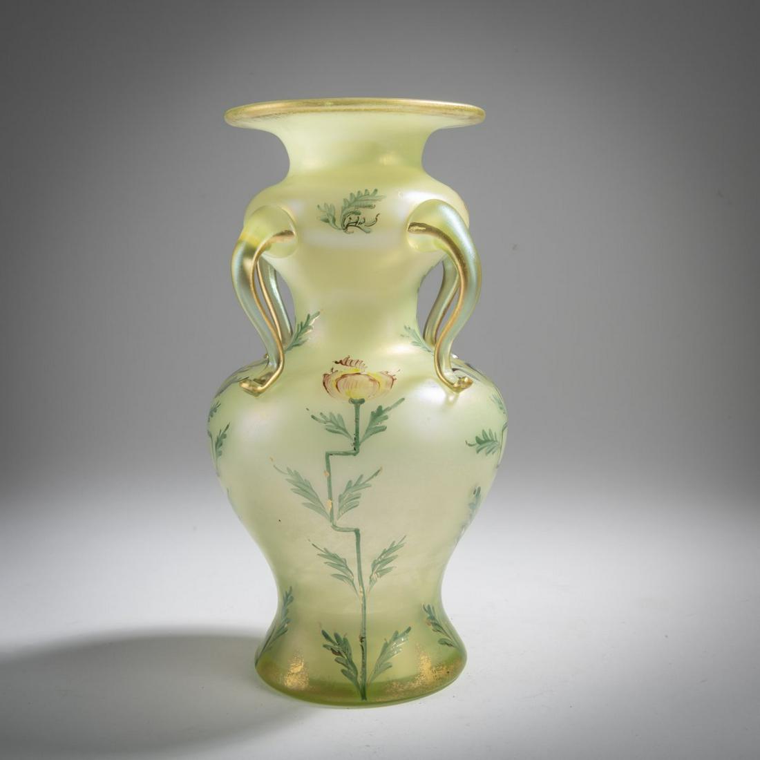 Loetz, Klášterský Mlýn, Vase with four handles 'Arcadia', 1896-97: Loetz, Klášterský Mlýn, Vase with four handles 'Arcadia', 1896-97, H. 24.5 cm. Cased glass, colorless, opal white and slightly greenish, pearlescent matt luster. Floral dec