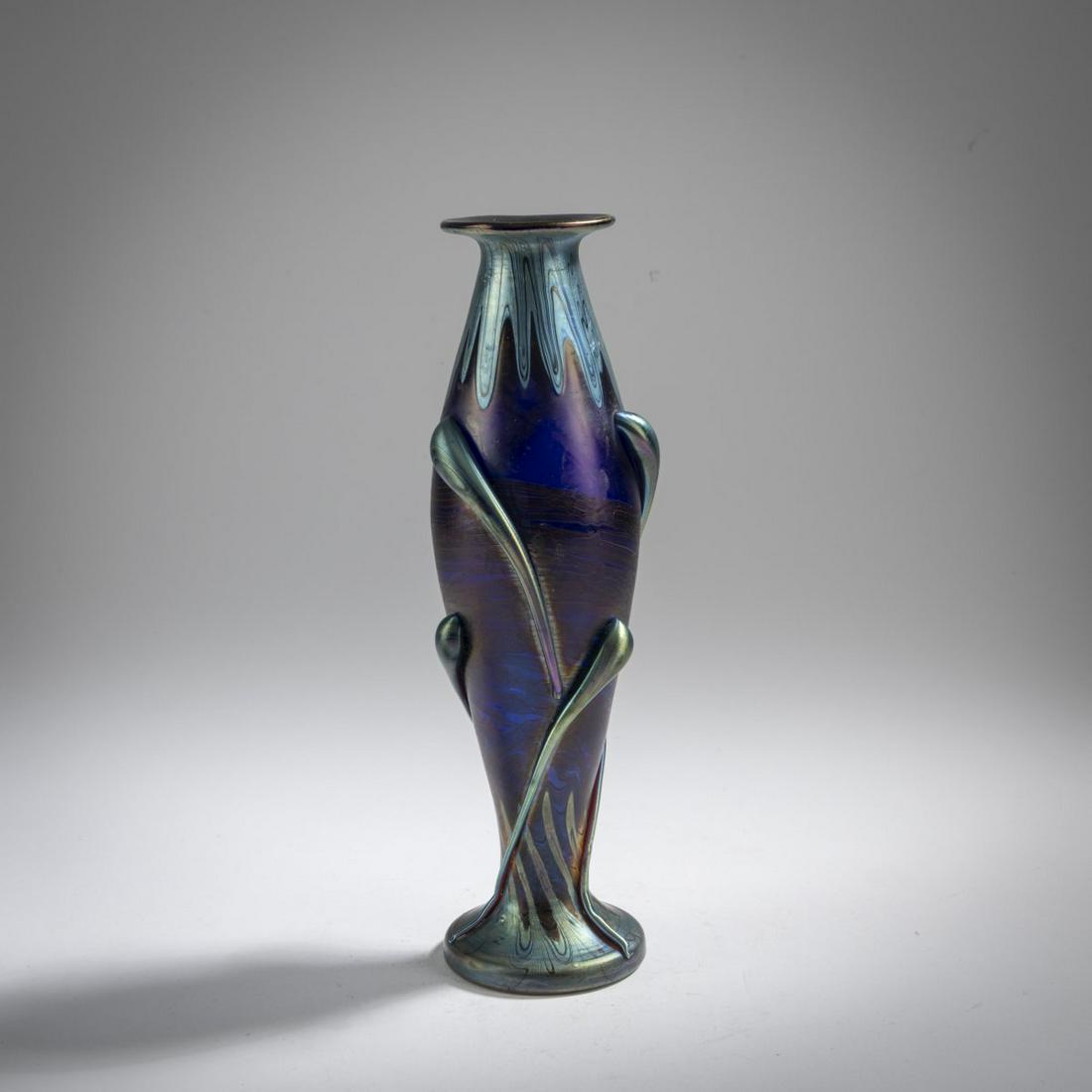 Franz Hofstötter, 'Phänomen' vase for the Paris World Fair 1900: Franz Hofstötter, 'Phänomen' vase for the Paris World Fair 1900, H. 21.5 cm. Made by Lötz Wwe., Klostermühle. Production no. 392. Cased glass, deep blue and colorless, combed threa