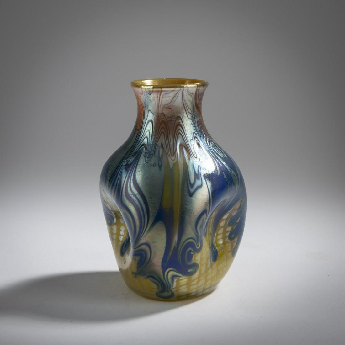 Franz Hofstötter, 'Phänomen' vase, 1900: Franz Hofstötter, 'Phänomen' vase, 1900, H. 13 cm. Execution: Loetz, Klášterský Mlýn. Cased glass, opal yellow and colorless, vertical decoration made of vertical