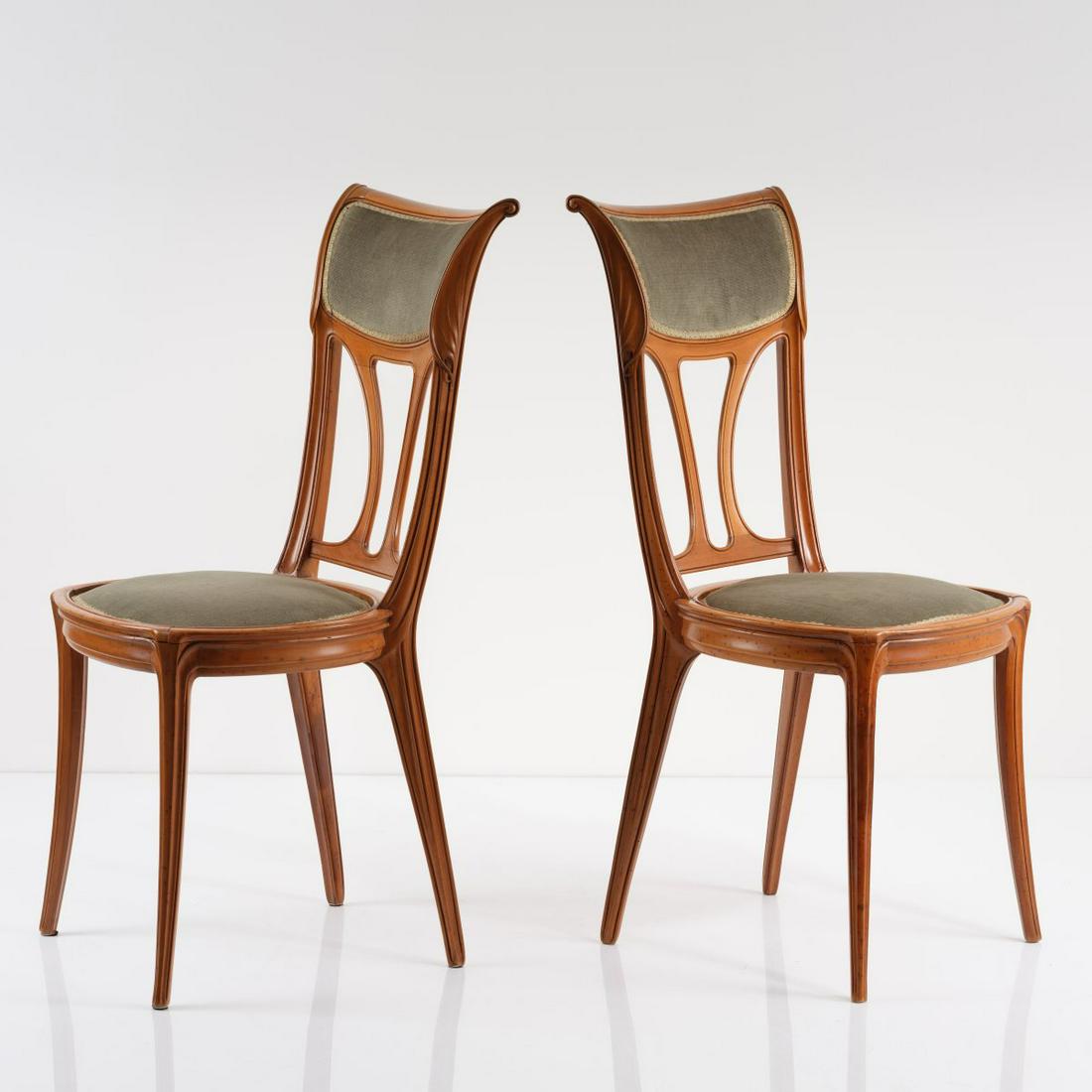 Eugene Gaillard, 2 chairs, 1908: Eugene Gaillard, 2 chairs, 1908, H. 96.5 cm, 42.5 x 53 cm. Cherrywood, carved, green corduroy. Unsigned., Duncan, The Paris Salons, Vol. III, Woodbridge 1996, p. 215.