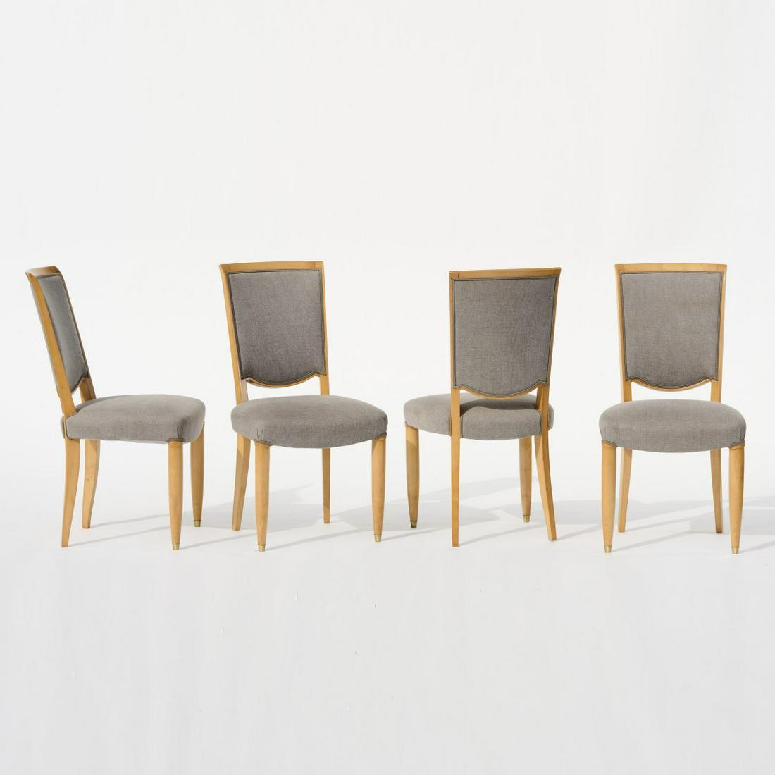 Jules Leleu, 4 chairs, c. 1948: Jules Leleu, 4 chairs, c. 1948, H. 94 cm, 48 x 58 cm. Execution: Leleu, Paris. Satinwood, light gray upholstery., Cf. Jutheau, Jules and André Leleu, Paris 1996, p. 135.