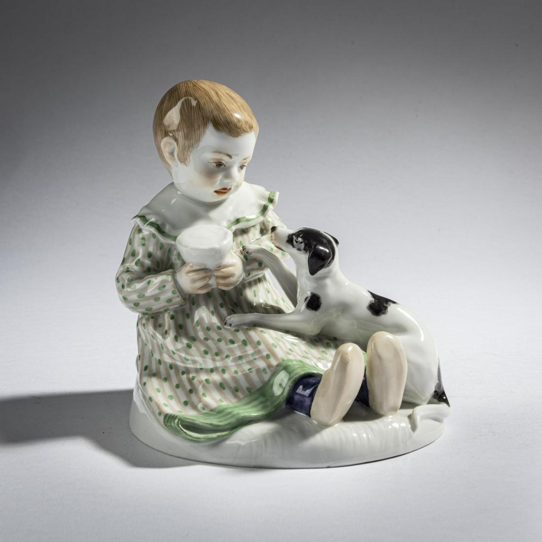 Paul Rumrich, 'Child with Dog', 1909: Paul Rumrich, 'Child with Dog', 1909, H. 13 cm. Execution: StPM Meissen, presumably 1965. Porcelain, white, glazed, polychrome overglaze. Marked: swords (blue, under glaze), A 234 (incised), 132,date 