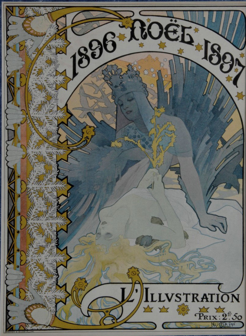 '1896 Noel 1897', 1896: Alphonse Mucha (1860 - 1939), Paris. Front page of the magazine 'L'Illustration'. 38.8 x 28.5 cm. Made by Ducourtioux & Huillard Sc. Color silksheet print on newsprint. Labeled: Ducourtioux & Huillard