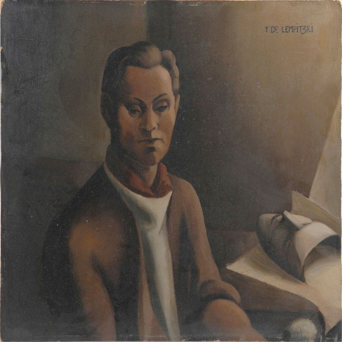 Mannerportrait: Tamara de Lempicka (Warschau 1898 - 1980 Cuernavaca). Portrait of a man. Musing. Sitting at a table. Mask aside. 39.5 x 45.9 cm. Oil on cardboard. Signed: T. de Lempitzki.. Framed.