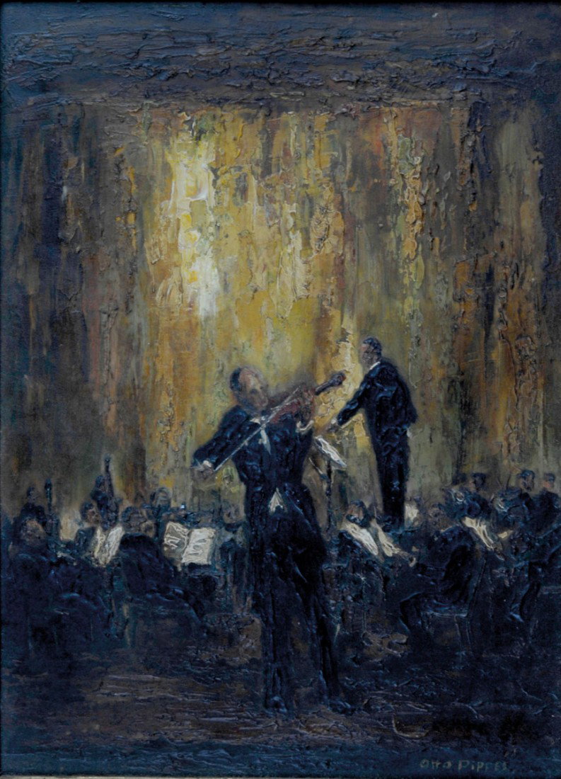 Geigensolist: Otto Pippel (Lodz 1878-1960 Munchen), Munchen. Violin soloist. Standing violin player, further musicians and conducter in the background. 39 x 28. Oil on portfolio. Signed. Framed.