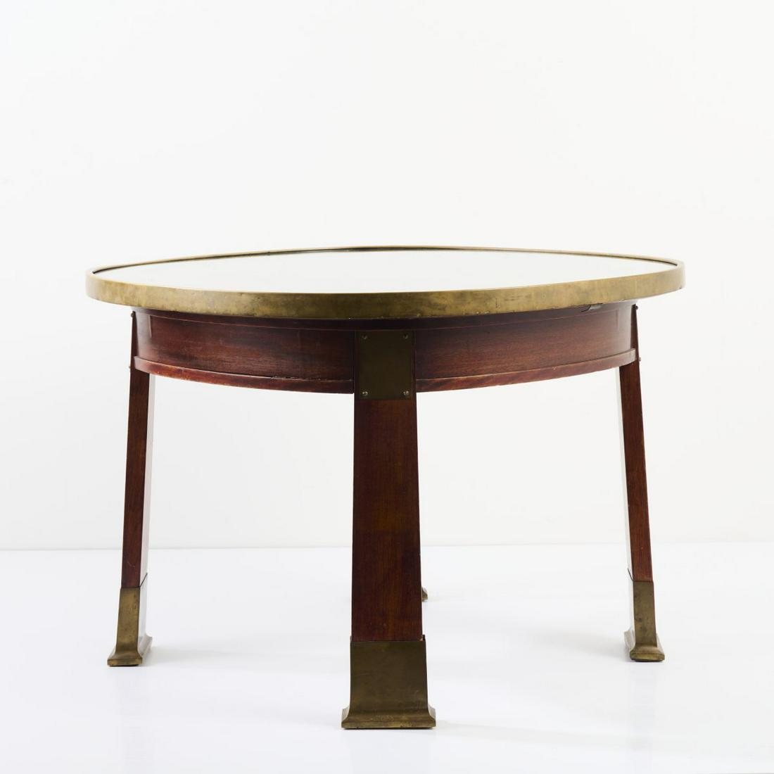 Max Schmidt, Coffee table 'à la Loos', c. 1905: Max Schmidt, Coffee table 'à la Loos', c. 1905, H. 65 cm, Ø 90 cm. Made by Friedrich Otto Schmidt, Vienna. Beech wood, stained dark, sheet brass, glass., Adolf Loos was close friends wit