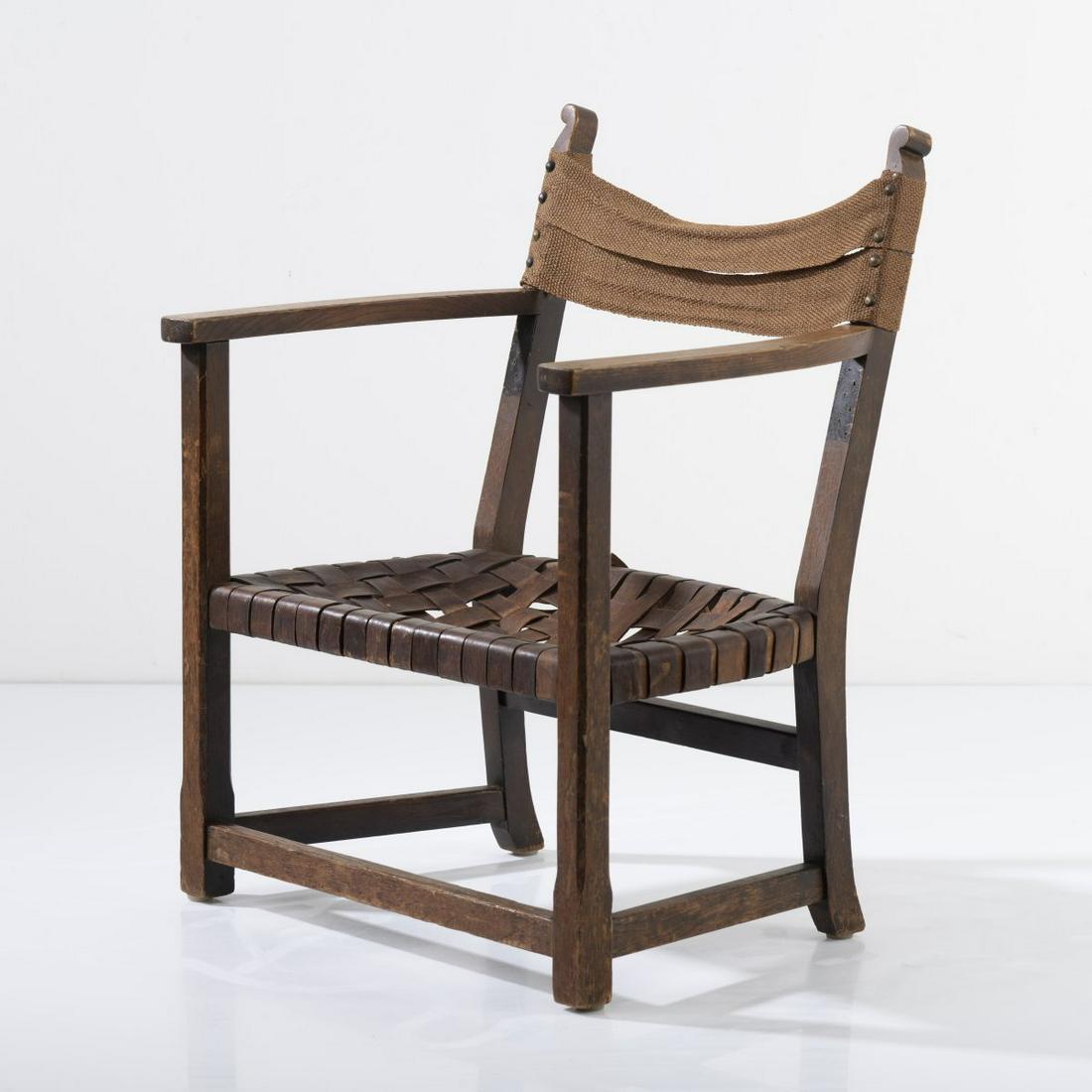 Adolf Loos; Heinrich Kulka (STYLE), Fireside chair, c. 1932: Adolf Loos; Heinrich Kulka (STYLE), Fireside chair, c. 1932, H. 66 x 53 x 47 cm. Made by FO Schmidt, Vienna (ATTR). Oak wood, stained dark, leather straps, brown, linen fabric., From 1919, Heinrich Ku