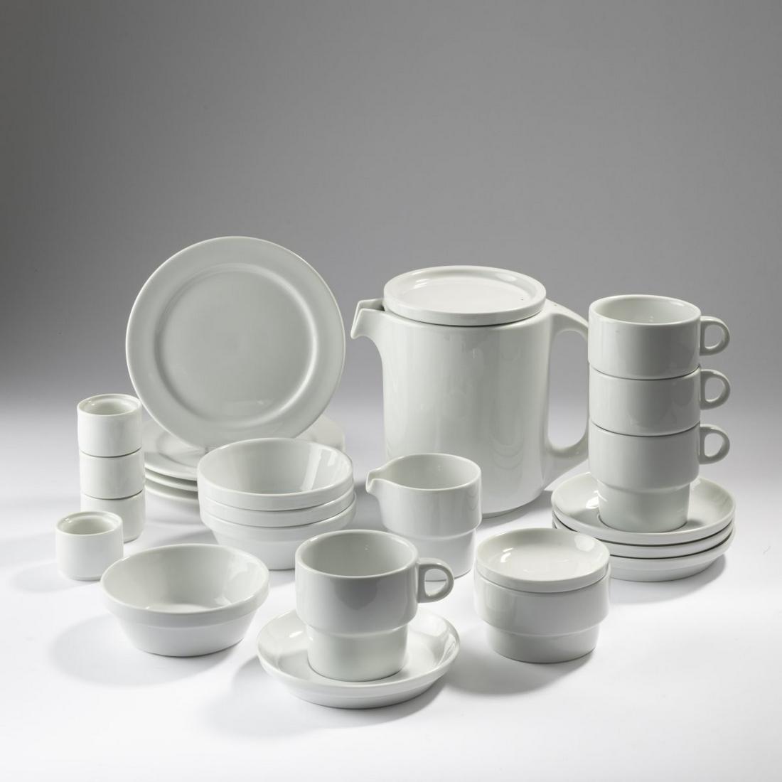 Hans (Nick) Roehricht, 'TC 100' stacking crockery, 1958/59: Hans (Nick) Roehricht, 'TC 100' stacking crockery, 1958/59, 20 pieces. Jug, 4 cups with saucers, 4 dessert plates, 4 bowls, 4 egg cups, milk jug, sugar bowl, bowl. H. 4-15 cm; Ø 10-19 cm. Made