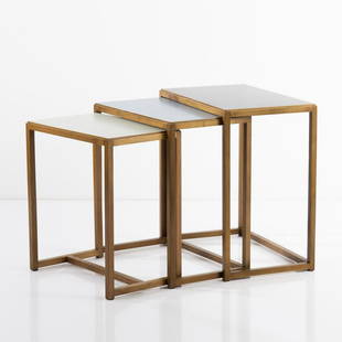 Egon Eiermann, 3 nesting tables, 1960s: Egon Eiermann, 3 nesting tables, 1960s, H. 50-55.5 x 44-53.5 x 28.5-33 cm. Made by Wilde &amp; Spieth, Esslingen (ATTR.). Elmwood, green, blue and black formica. ,