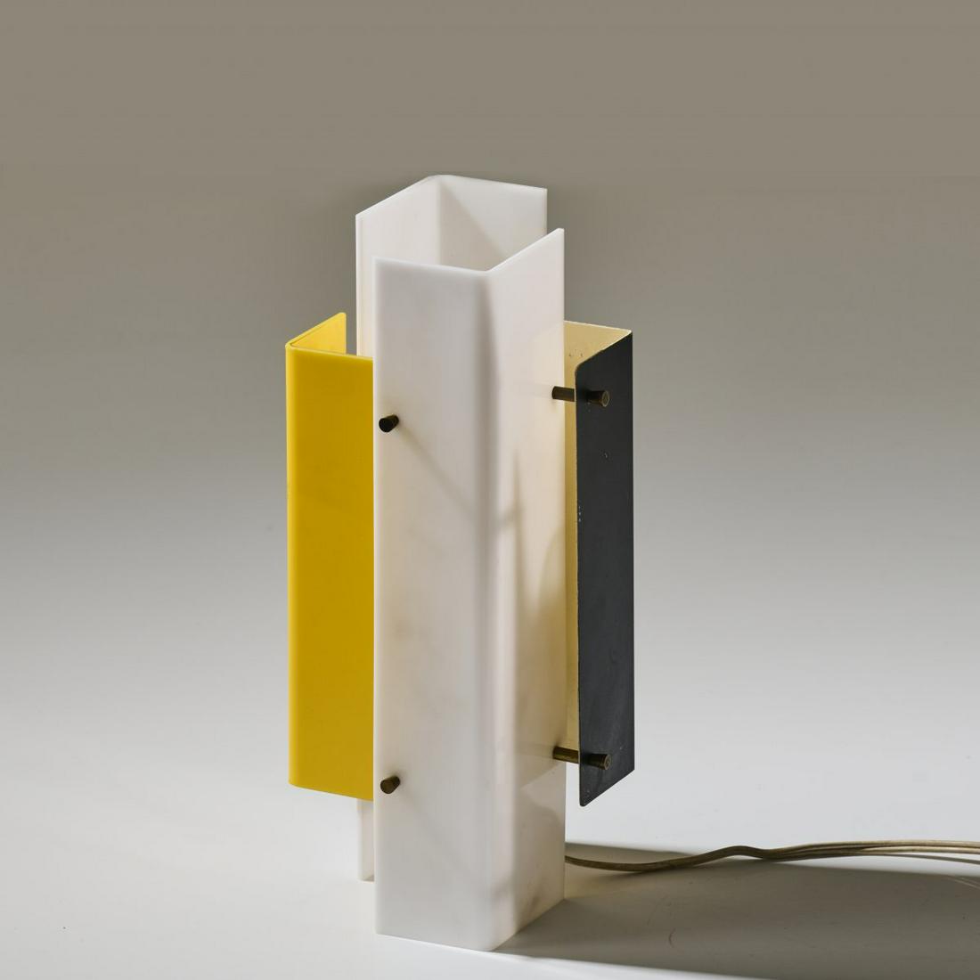 Jean Boris Lacroix, '316' table light, c. 1955: Jean Boris Lacroix, '316' table light, c. 1955, H. 32 x 14,5 x 15,5 cm. Made by Luminalite, Paris. Sheet metal, painted black and white, acrylic glass, white and yellow., Homo (ed.), La Côte du