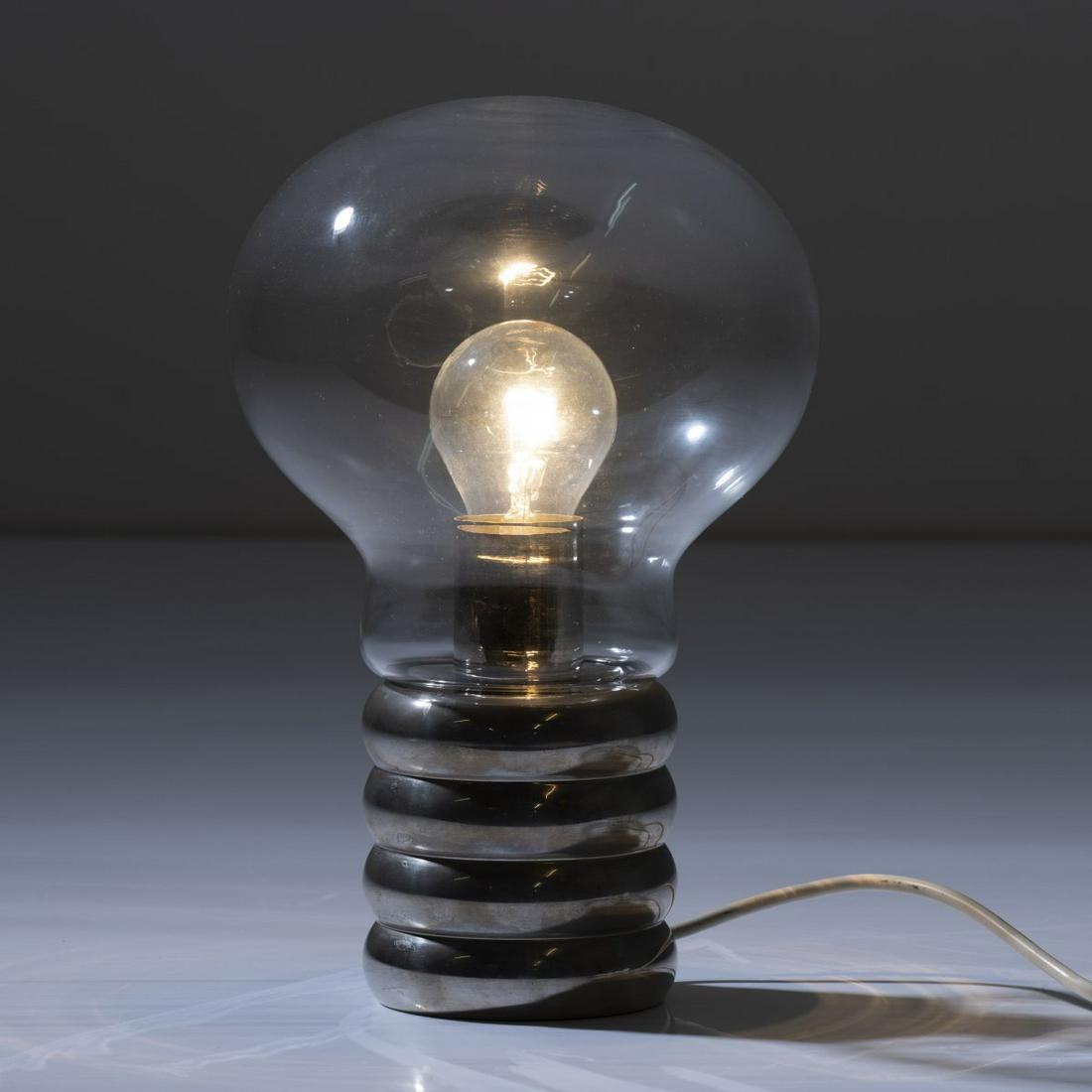 Ingo Maurer, 'Bulb Clear'/'Bulb Opal' table light, 1966: Ingo Maurer, 'Bulb Clear'/'Bulb Opal' table light, 1966, H. 30 cm, Ø 20 cm. Made by Design M Ingo Maurer, Munich. Sheet metal, chrome-plated, colorless and white glass., Bauer (ed.), Ingo Maure