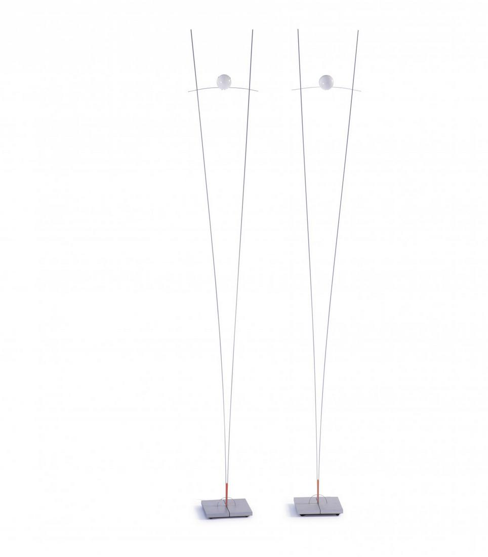 Ingo Maurer; Franz Ringelhan, 2 'Ilios' floorlamps, 1983: Ingo Maurer; Franz Ringelhan, 2 'Ilios' floorlamps, 1983, H. 191 cm. Made by Design M Ingo Maurer, Munich. Cast metal, metal rods, varnished gray, orange acrylic glass isolator, white glass. Marked: M