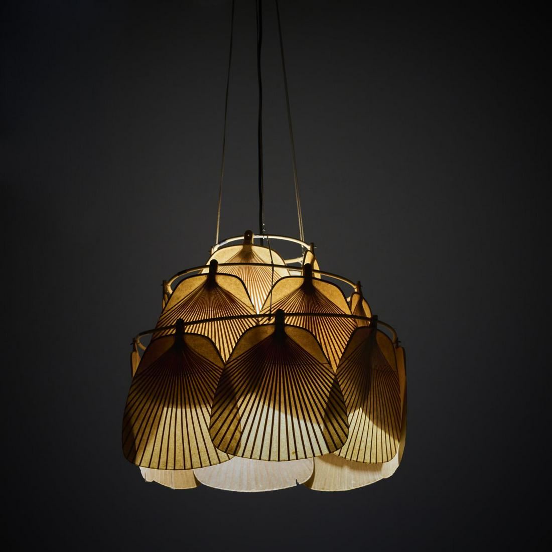 Ingo Maurer, 'Ju-Ku' ceiling lamp from the 'Uchiwa' series, 1973: Ingo Maurer, 'Ju-Ku' ceiling lamp from the 'Uchiwa' series, 1973, H. 42 cm (without suspension), Ø 45 cm. Made by Design M, Ingo Maurer, Munich. Bamboo cane, rice paper, cotton, brass., Bauer (