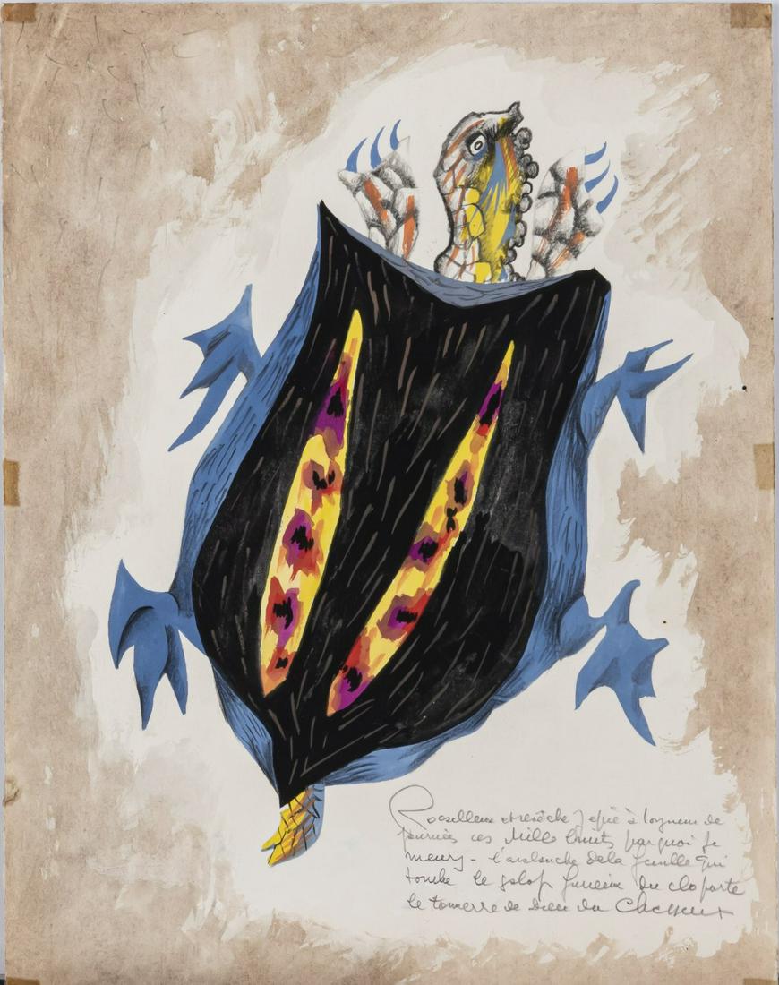 Jean Lurçat (1892 Bruyères - 1966 Saint-Paul-de-Vence) (ATTR.), Turtle, probably 1950s: Jean Lurçat (1892 Bruyères - 1966 Saint-Paul-de-Vence) (ATTR.), Turtle, probably 1950s, Pencil, watercolor and gouache on paper. 34.4 x 26.5 cm (sheet). Lower right paragraph of text in 