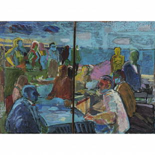 Eberhard Havekost (1967 Dresden - 2019 Berlin), Dyptich restaurant scene, around 1990: Eberhard Havekost (1967 Dresden - 2019 Berlin), Dyptich restaurant scene, around 1990, Two-part work. Oil on panel. 89.5 x 59.0 cm (left side) or 89.5 x 64.0 cm (right side), 91.7 x 125.0 cm (entire w