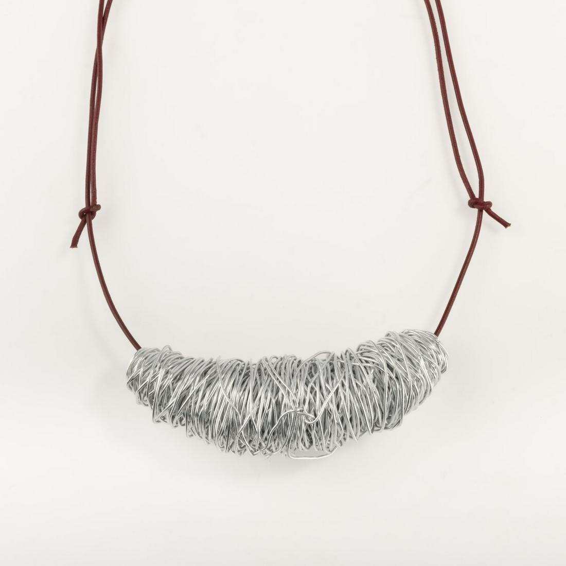 Fernando and Humberto Campana, 'Casullo' necklace, 2004: Fernando and Humberto Campana, 'Casullo' necklace, 2004, Aluminum wire, brown leather strap. 47.00 grams. Variable length 250-440 mm. Unsigned.,