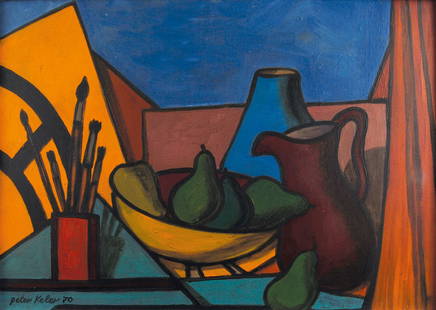 Stilleben, 1970: Peter Keler. Still life, 1970. 36.5 x 50.2 cm. Oil on fibre board. Signed and dated lower left. Back signed: Peter Keler. Frame.