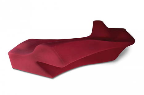 Sofa 'Moraine': Zaha Hadid. 'Moraine' sofa, designed in 2000. H. 72 x 344 x 164 cm. Made by Sawaya & Moroni, Milan, in the early 2000s. Polyurethane foam on wood, red fabric. Marked: Maker's label Sawaya & Moroni Mil