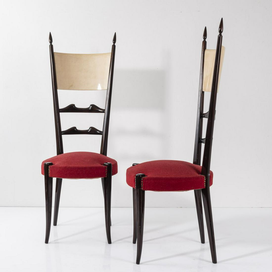 Pozzi & Verga, Mariano Comense (attr.), Two chairs, 1950s: Pozzi & Verga, Mariano Comense (attr.), Two chairs, 1950s, H. 120 x 40 x 45 cm. Teak, stained dark brown, painted clear, goatskin, painted clear, red fabric cover.,