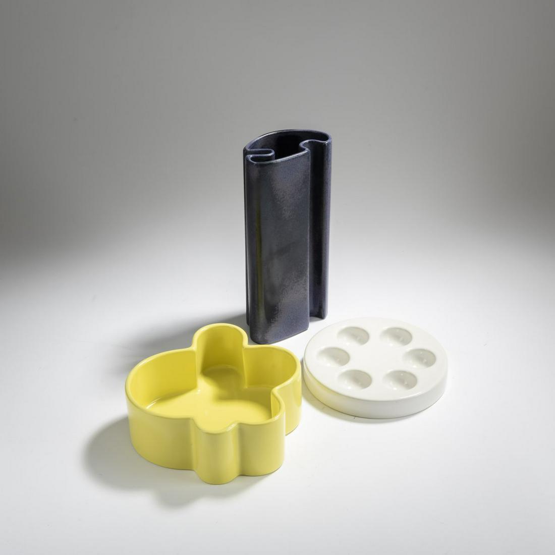 Angelo Mangiarotti, Bowl, egg cup and vase, c. 1968: Angelo Mangiarotti, Bowl, egg cup and vase, c. 1968, Egg cup: Ø 18 cm; 'Flower Vase M1': H. 25 cm; 'Flower Vase M19' bowl: H. 7.5 x 20.5 x 20 cm. Made by Fratelli Brambilla, Milan. Earthenware,