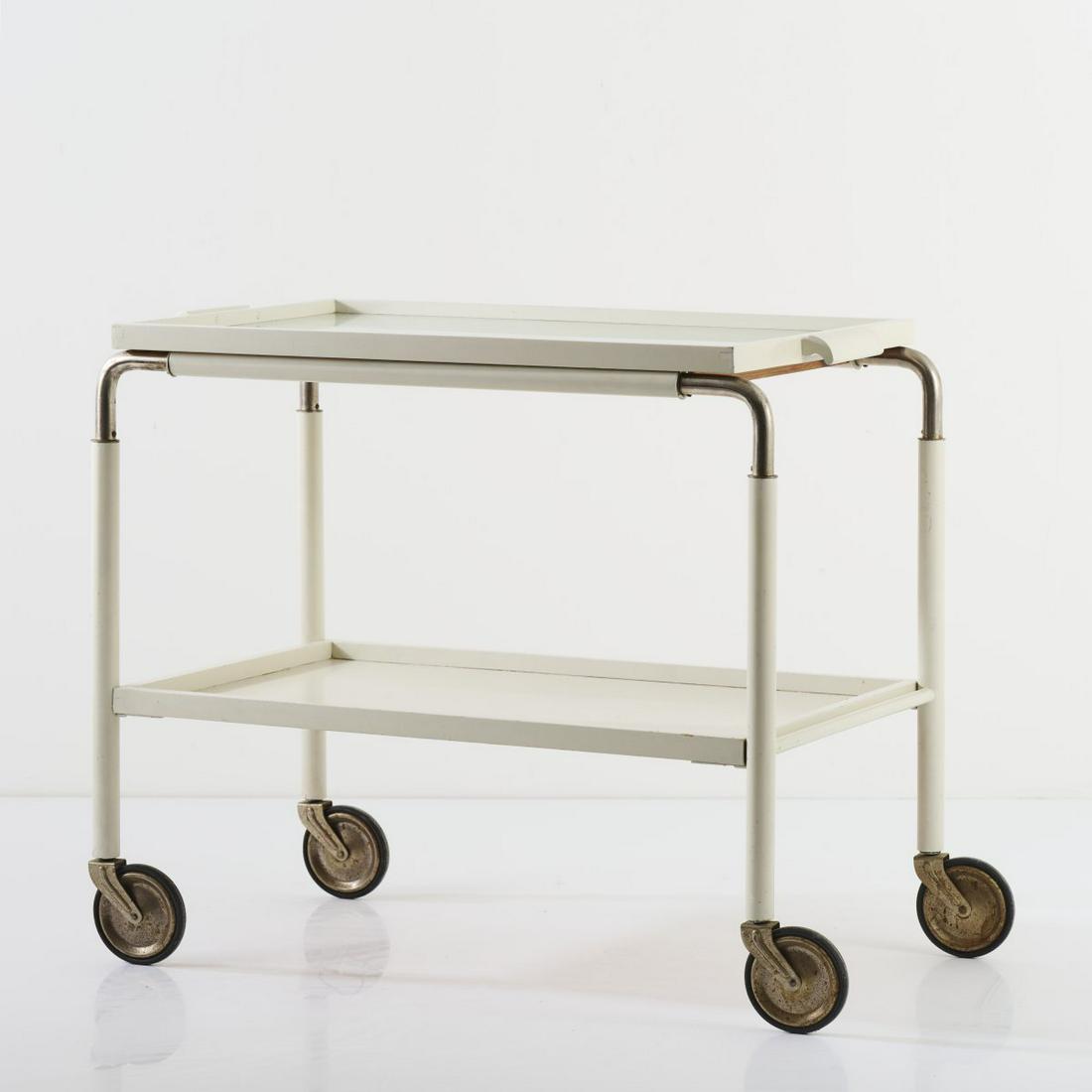 Karl Andersson & Söner, Huskvarna (attr.), Serving trolley, 1940s: Karl Andersson & Söner, Huskvarna (attr.), Serving trolley, 1940s, H. 63 x 72.5 x 42.5 cm. Wood, painted white, colorless plastic, tubular metal, nickel-plated, sheet metal, nickel-plated.,