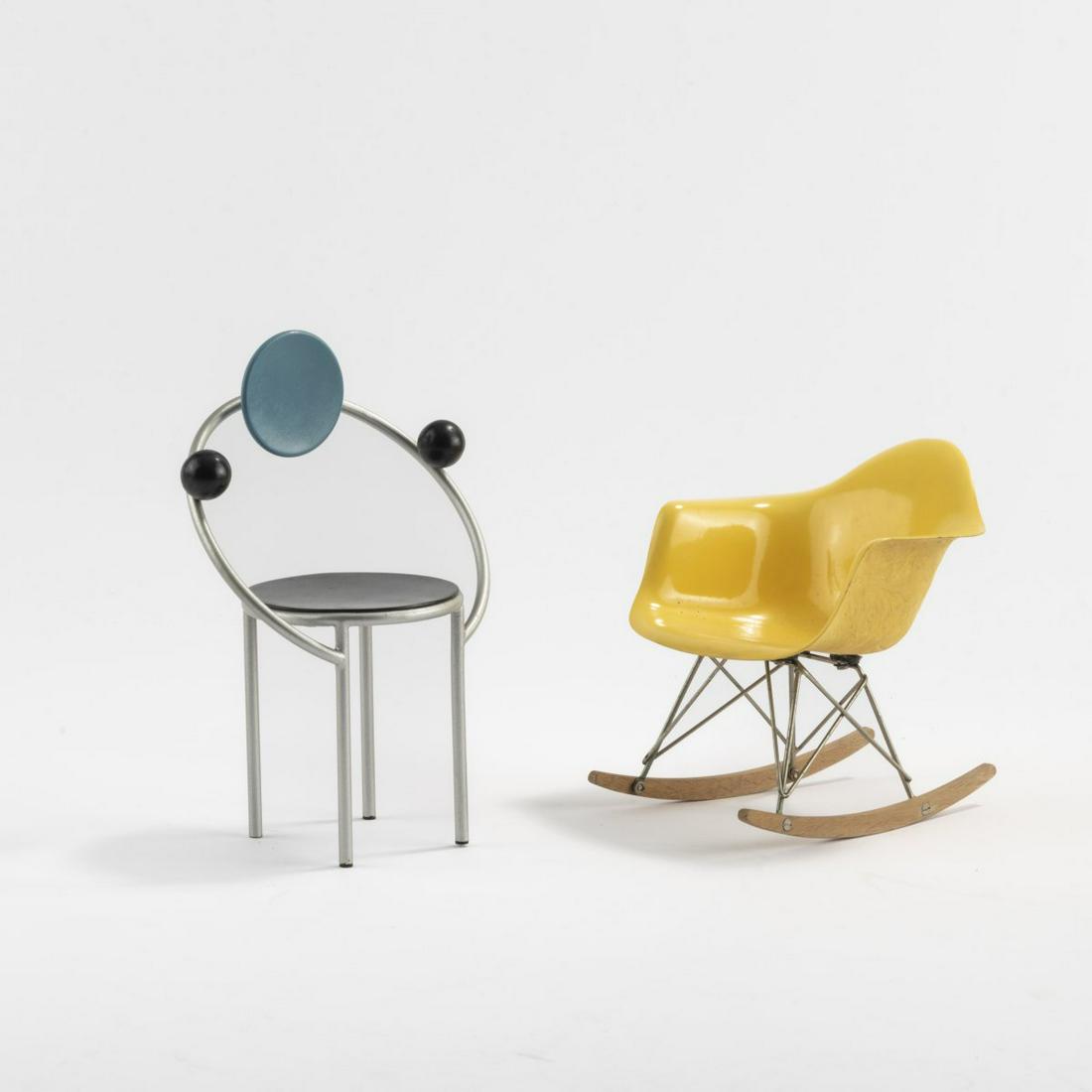 Charles Eames; Michele De Lucchi, Two seating furniture miniatures 'RAR' and 'First', 1950-53/1983 (1 of 3)