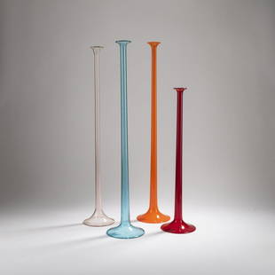 Luciano Vistosi, Four 'S 65' candlesticks, c. 1959/60: Luciano Vistosi, Four 'S 65' candlesticks, c. 1959/60, H. 43.5 - 58.5 cm. Thin-walled glass in orange, blue, red and pink.,