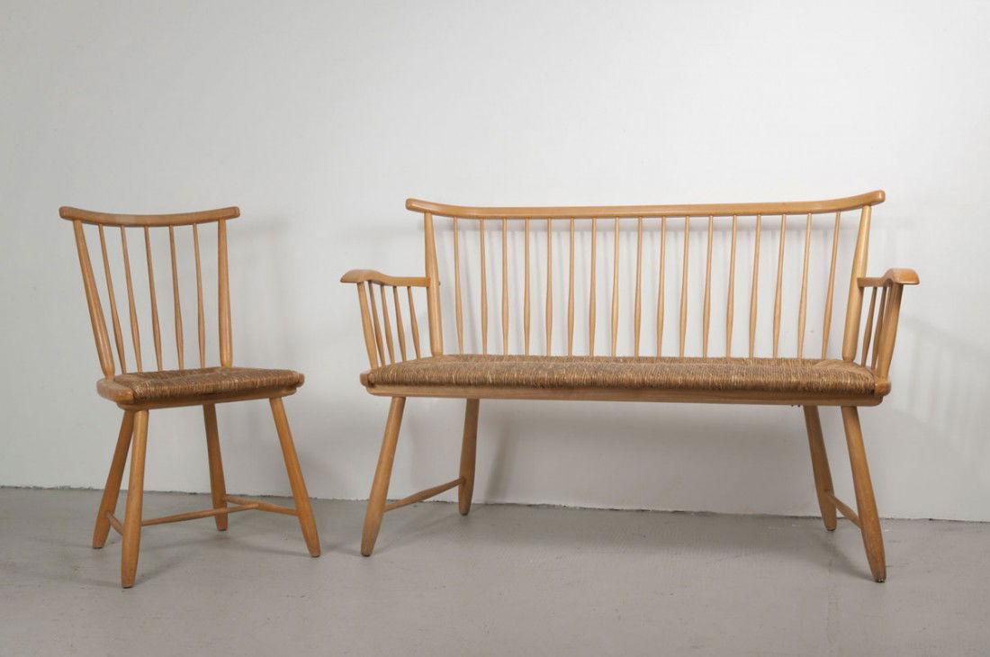 Bank und Stuhl 'WKS': Arno Lambrecht. 'WKS' bench and chair, designed c1955. Bench: H. 85 x 132 x 57 cm; chair: 84 x 46 x 53 cm. Made by WK-Moebel, Stuttgart, in the 1950s. Beechwood, reedwork.