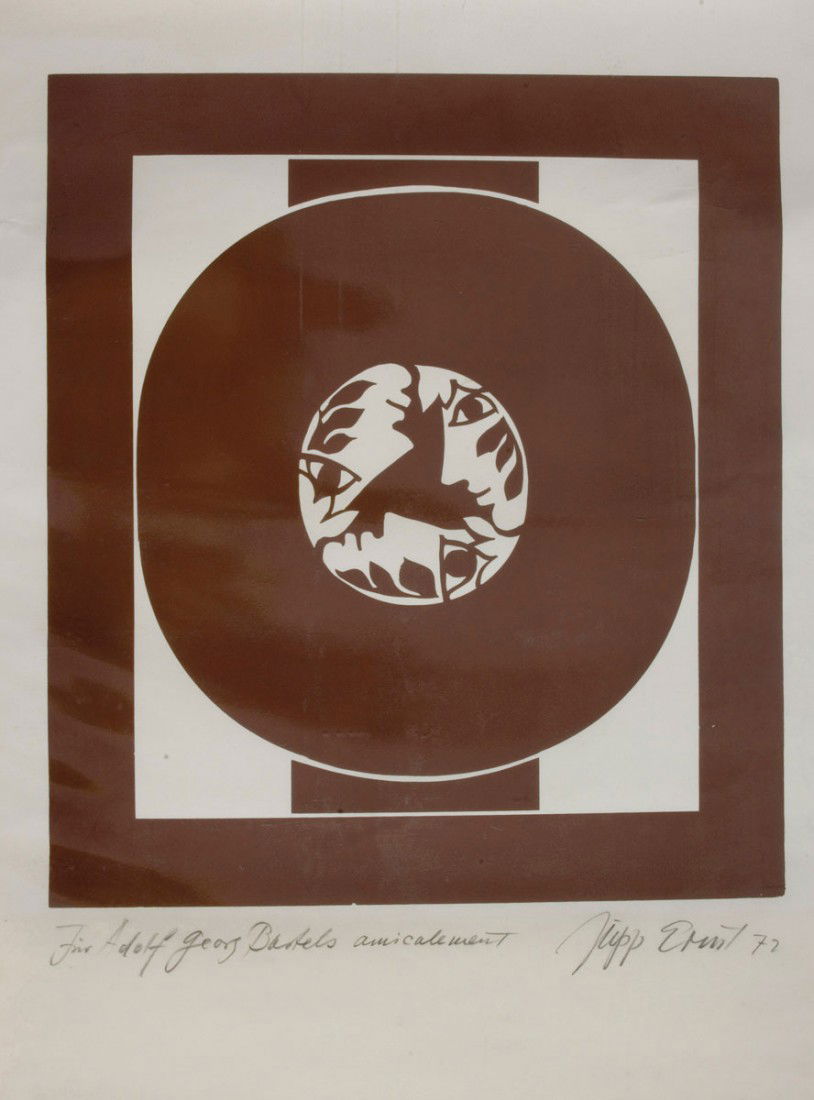 Drei Gesichter, 1972: Jupp Ernst. 'Three faces', 1972. 75 x 52.1 cm. Lithograph on BFK-Rives handmade paper. Signed and inscribed: 'Fuer Adolf Georg Bartels amicalement, Jupp Ernst 72 (pencil).