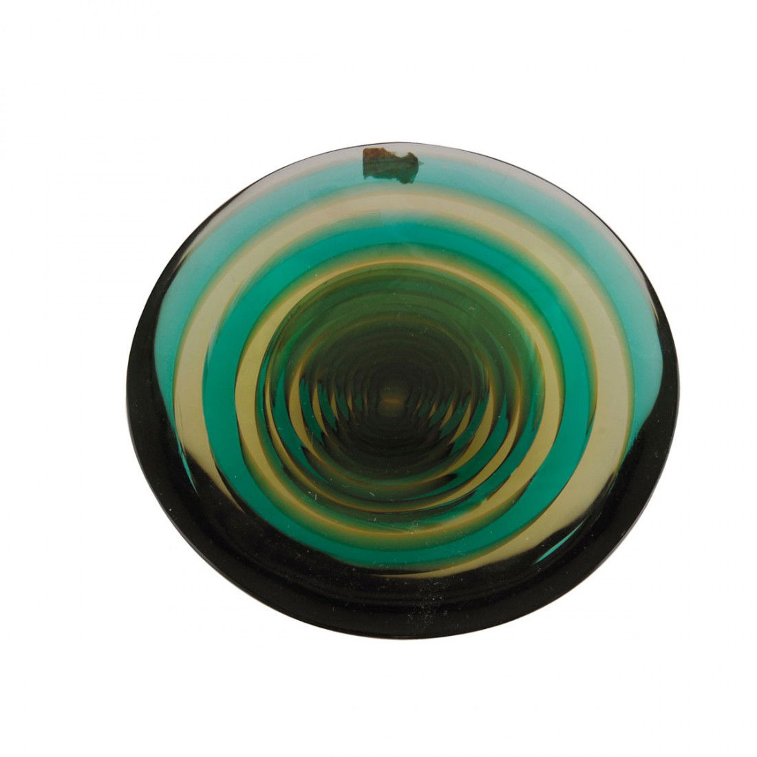 Schale 'siderale': Flavio Poli. 'Siderale' bowl. D. 14.4 cm. Designed in 1952. Made by Seguso Vetri d'Arte. Smoke-grey glass with fused concentric circles in green and pale yellow. Cut. Marked: Remains of a maker's deca