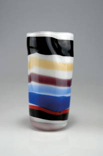 Vase 'a fasce': Luciano Vistosi (attributed). 'A fasce' vase. H. 29.5 cm. Designed c1955. Made by Vetreria Vistosi (attributed). Cased glass, clear, milky white, fused polychromatic bands.