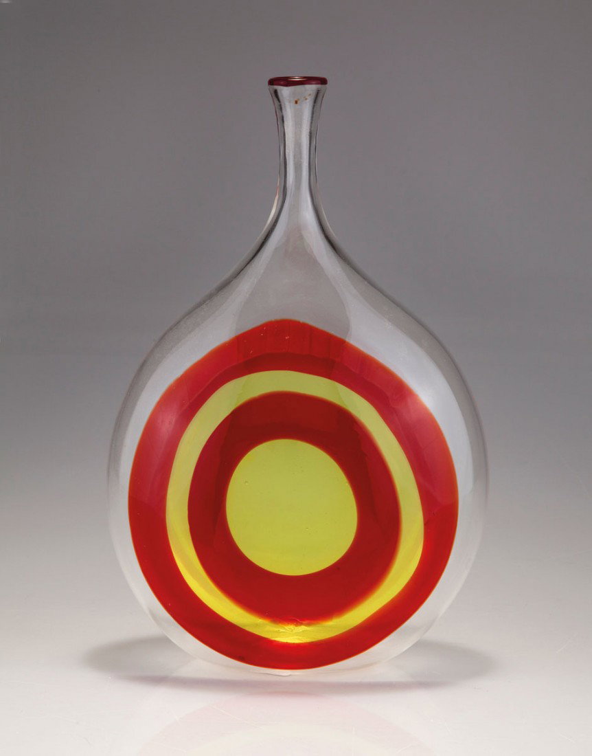 Vase 'murrine': Ermanno Toso. 'Murrine' vase. H. 25 cm. Designed c1956. Clear glass, red-yellow murrhines of concentric circles, rim fused red.