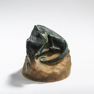 Henri Berge, Paperweight 'Caméléon', 1920s: Henri Berge, Paperweight 'Caméléon', 1920s, H. 8.2 cm. Made by Amalric Walter. Pâte de verre, molded, predominantly light and dark green and amber in color. Signed: AWALTER NANCY,