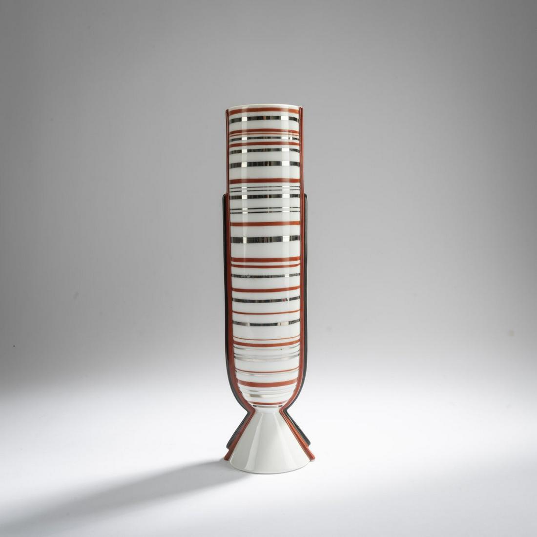 L. Bernardaud & Cie., Limoges, Vase, c. 1928: L. Bernardaud & Cie., Limoges, Vase, c. 1928, H. 29.8 cm. Porcelain, white, glazed, overglaze in lobster red and black with platinum. Marked: Manufactory mark, PRIMAVERA FRANCE (green, over glaze)