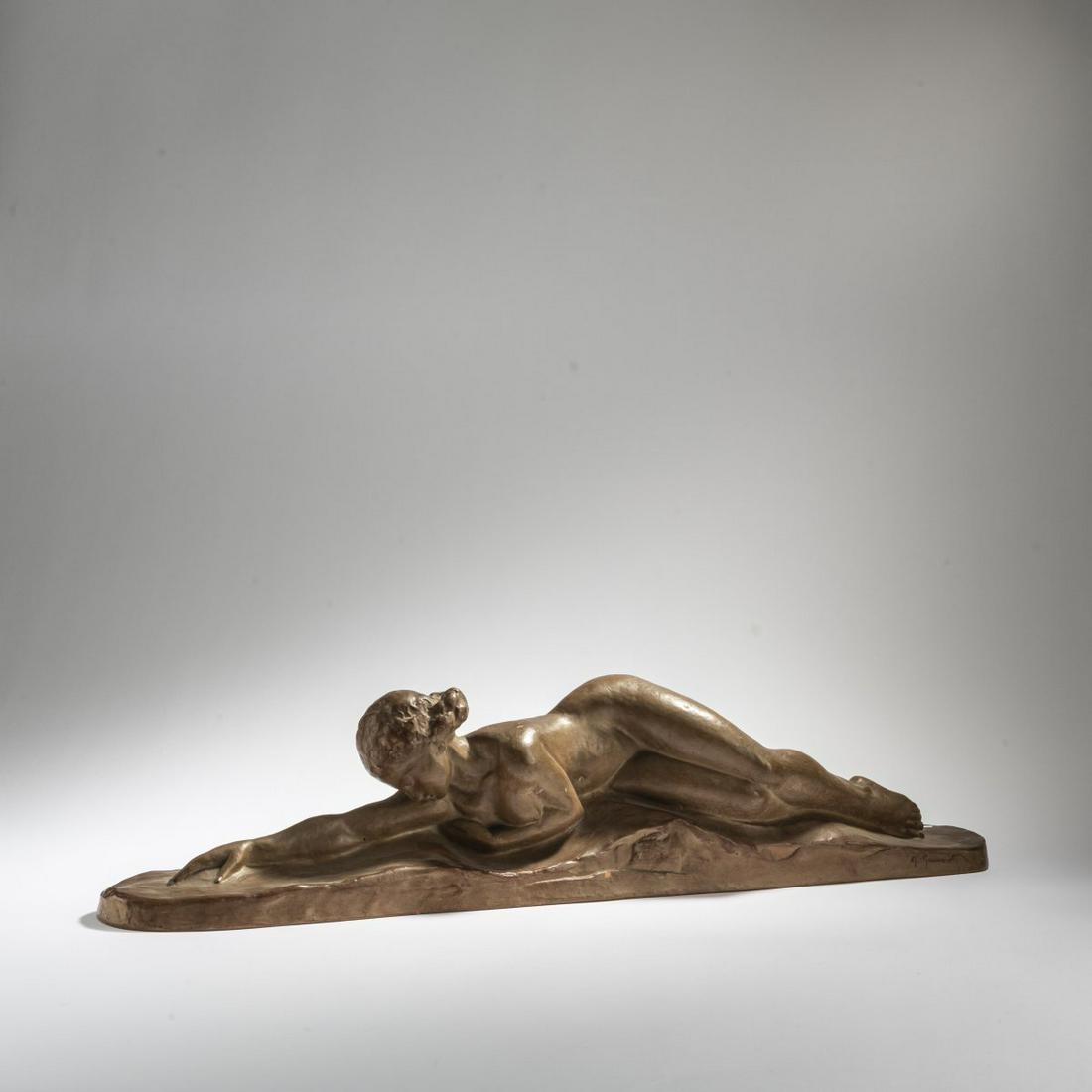Amadeo Gennarelli, Reclining female nude, c. 1930: Amadeo Gennarelli, Reclining female nude, c. 1930, H. 15.5 cm, 72.5 x 10.2 cm. Terracotta. Signed: A. Gennarelli (incised).,