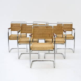 Anton Lorenz, Six 'SS 32' cantilever chairs, c. 1930: Anton Lorenz, Six 'SS 32' cantilever chairs, c. 1930, H. 84 x 55 x 65 cm. Made by Desta, Berlin. Tubular steel, chrome-plated, rattan weave, stained wood., Vegesack, Deutsche Stahlrohrmöbel, Muni