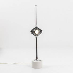 Angelo Lelli , 'Cobra' - '12919' table light, c. 1962: Angelo Lelli , 'Cobra' - '12919' table light, c. 1962, H. 62 cm. Made by Arredoluce, Monza. Sheet metal, painted white, tubular brass, chromed, burnished perforated sheet steel, magnet. Marked: manufa